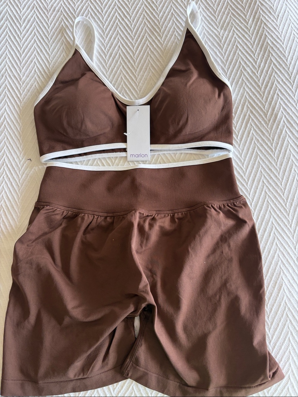 Yoga Brown Contrast-Trim Bralette and High-Waist Shorts Set